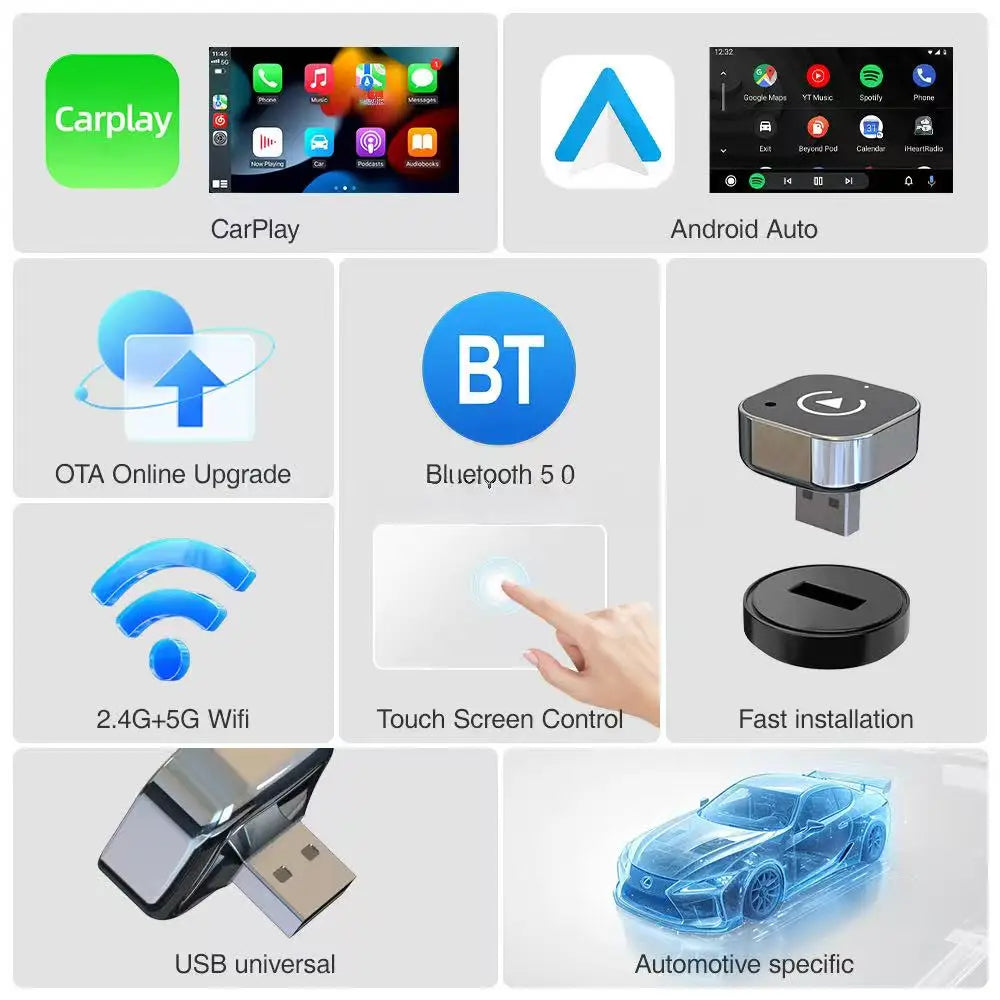 Aftermarket Wireless Carplay Adapter Convert Wired to Wireless for Iphone Android Auto Smart Box
